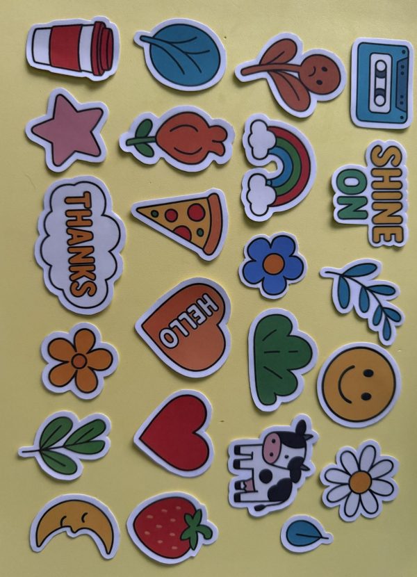 Naklejki wodoodporne, wycięte – kawaii retro, pizza, kwiaty