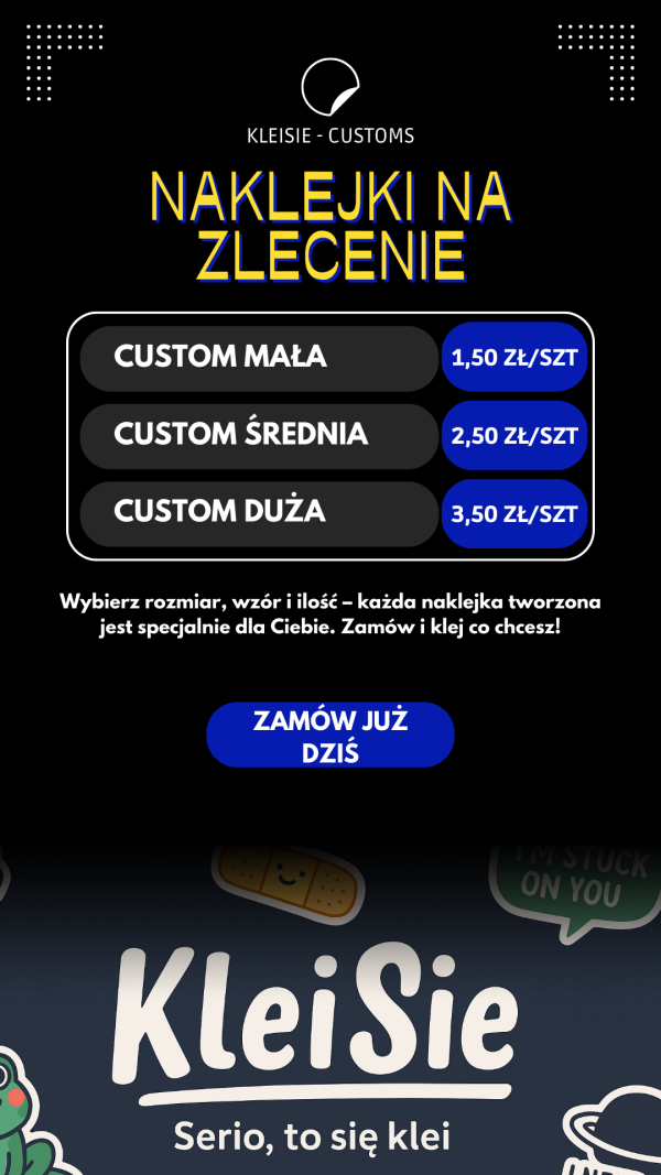 Naklejka z Twoją grafiką – rozmiary: MAŁY / ŚREDNI / DUŻY / Custom / Personalizowana