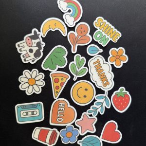 Naklejki wodoodporne, wycięte – kawaii retro, pizza, kwiaty